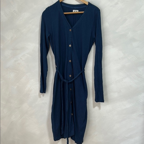 Pact seaside linen blend midi dress long sleeve button up navy size medium - Picture 1 of 9